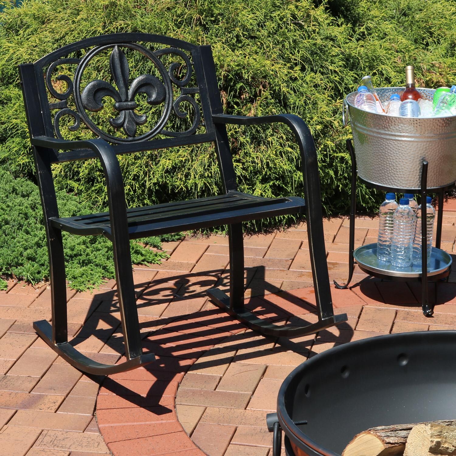 Sunnydaze Decor Cast Iron & Steel Patio Rocking Chair W/ Fleur-De-Lis Design image