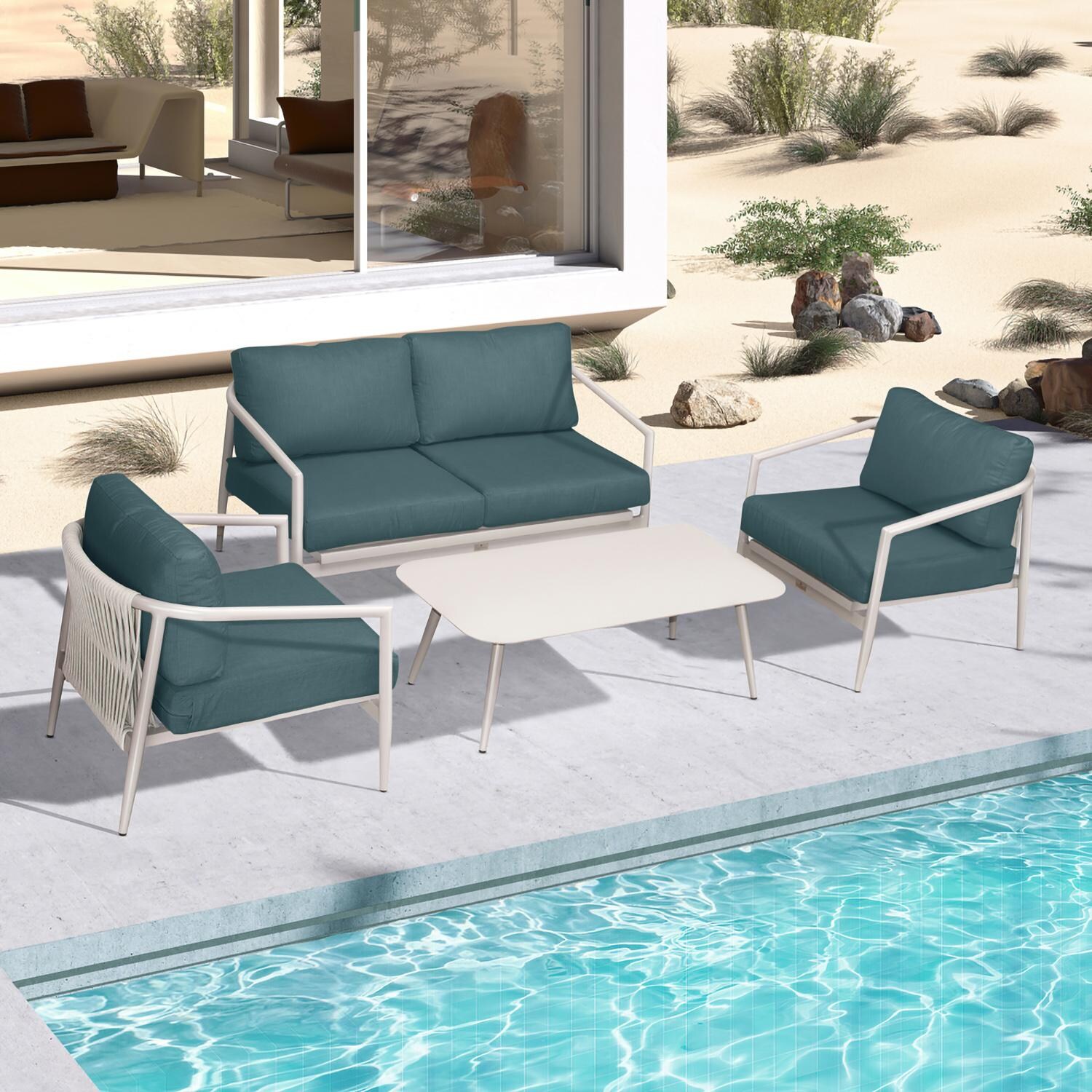 Lakeview Midnight Cove 4 Pc Aluminum Loveseat Seating Set in Urban Stone/Carrera/Cast Lagoon - Top - Lifestyle thumbnail