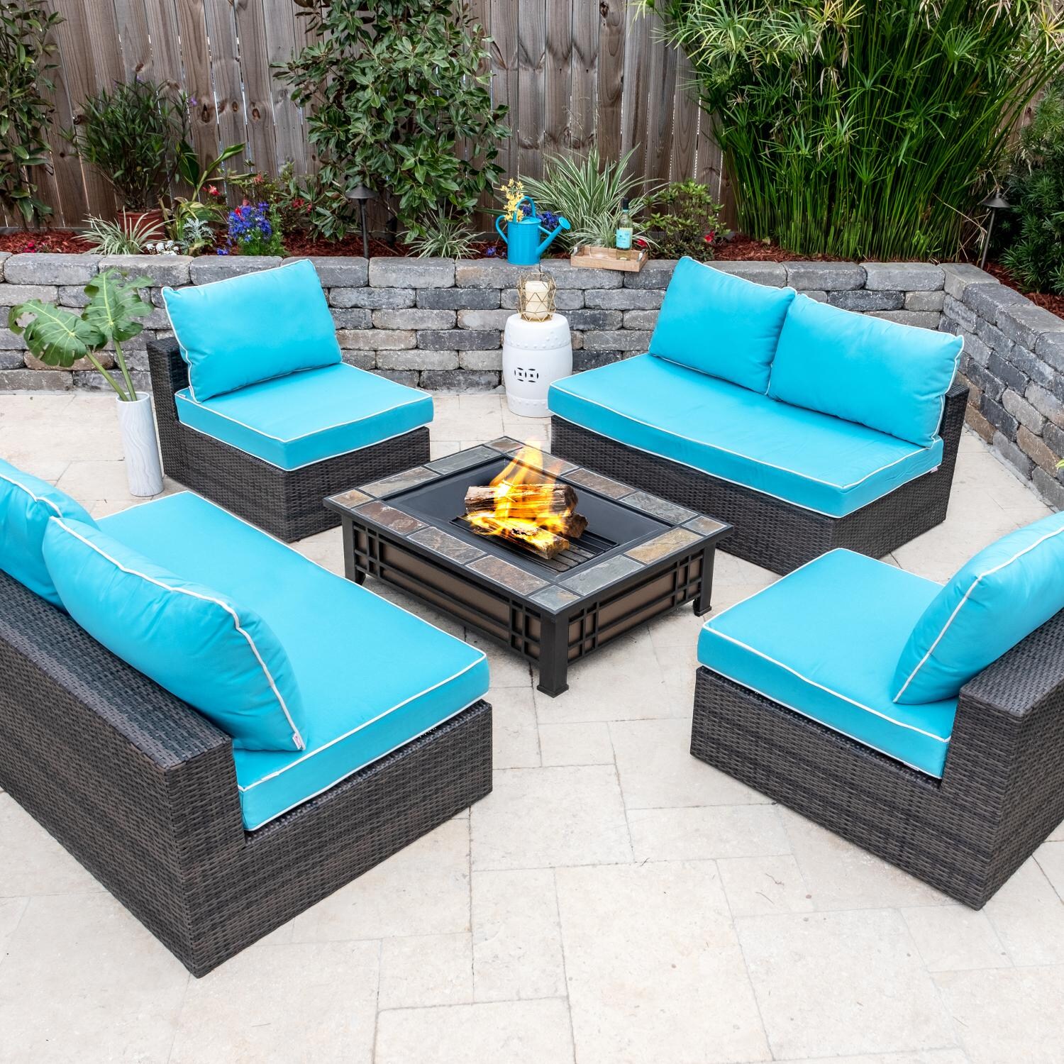 Gentilly 5 Piece Wicker Patio Fire Pit Sectional Set W/ Sunbrella Canvas Aruba Cushions By Lakeview Outdoor Designs