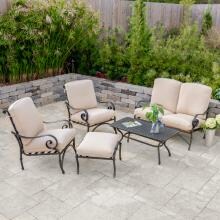 Elysian 5 Piece Aluminum Patio Conversation Set W/ Sunbrella Canvas Antique Beige Cushions By Lakeview Outdoor Designs image