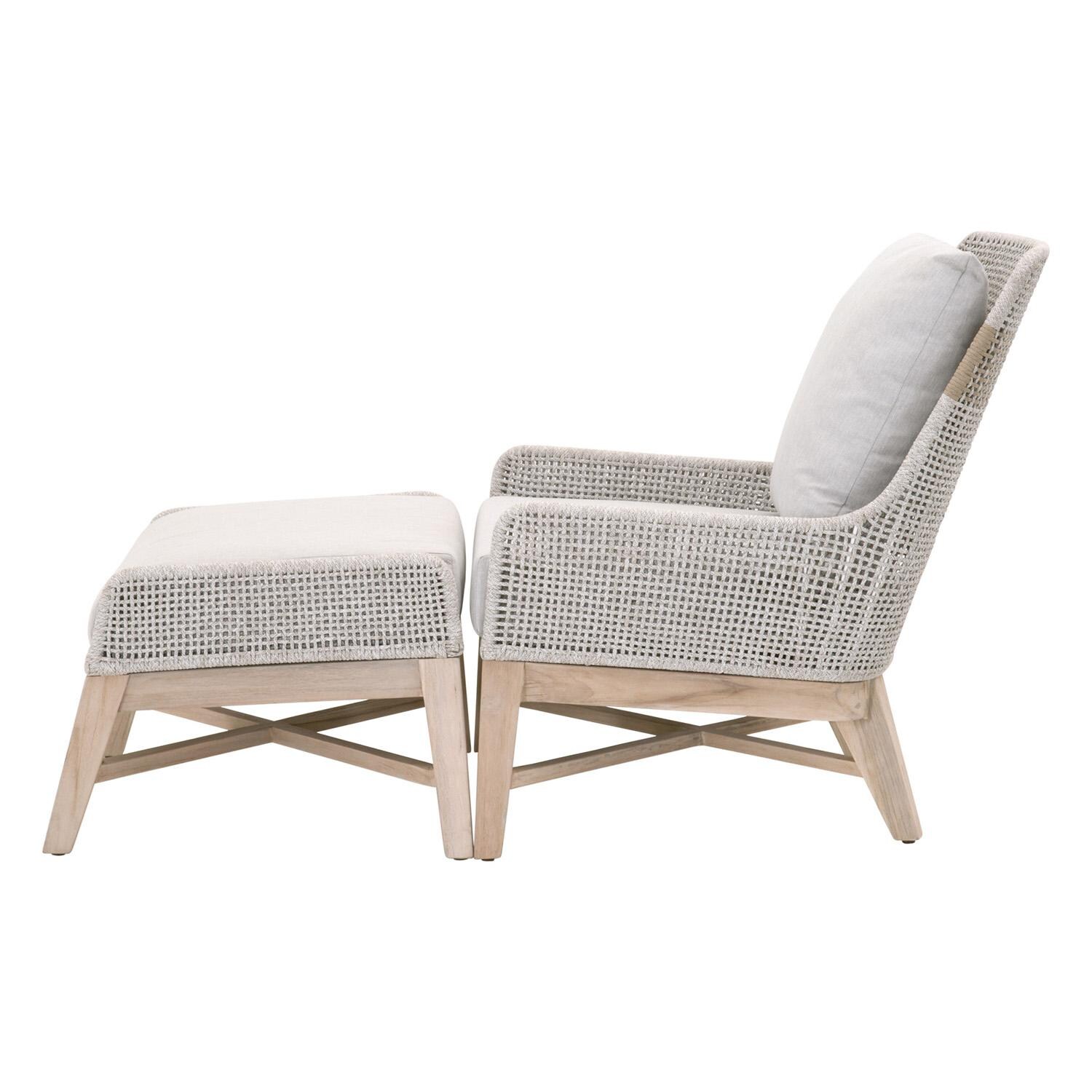 Cocoa Way Woven Rope Footstool in Taupe & White Flat Rope By Lakeview - With Club Chair Side View thumbnail