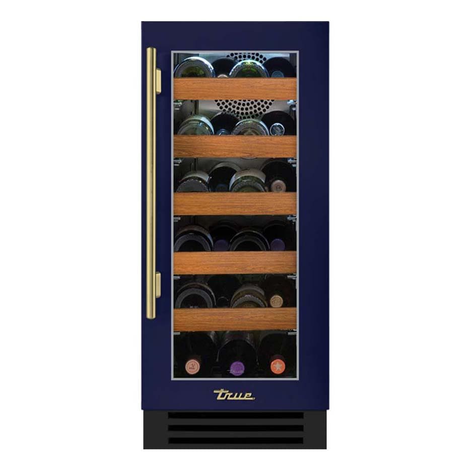 True TWC-15-R-OG-C~DSK-078-H01 15 Inch 23 Bottle Right Hinge Glass Door Outdoor Wine Cabinet - Cobalt w/ Brass Handle - White Background thumbnail
