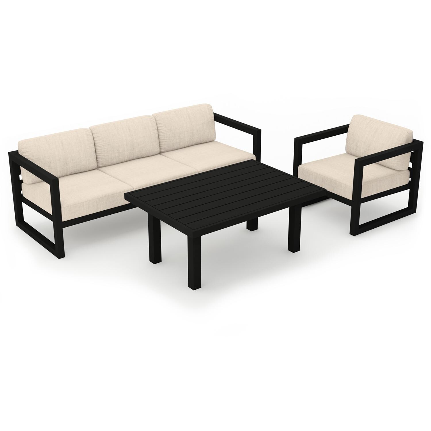 Lakeview MSTYCV-BK-SET138-CF Misty Cove 3 Pc Aluminum Seating Set in Black w/Chat Table & Canvas Flax Cushions by Lakeview Outdoor Designs - Set Angled View - White Background thumbnail