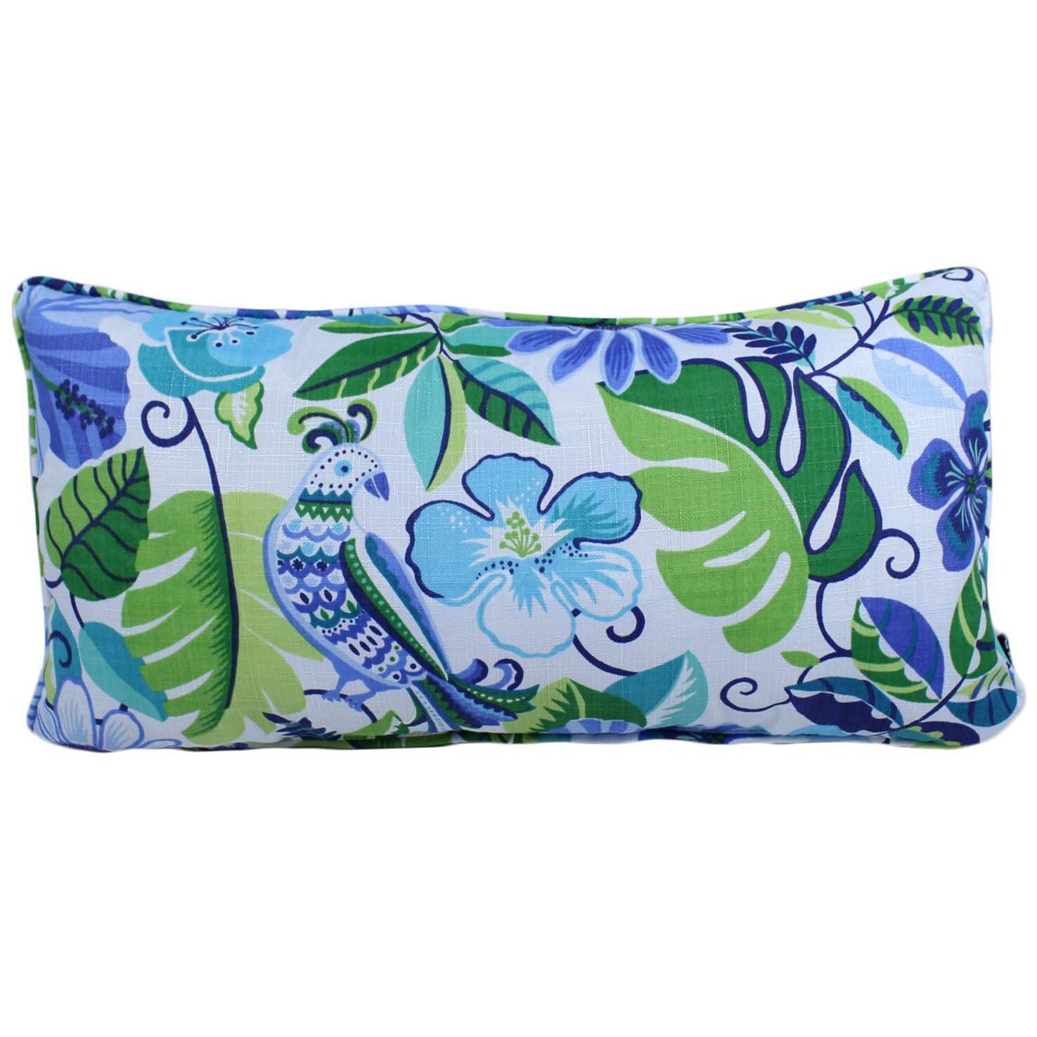 Blue Tropical Flowers Outdoor Lumbar Pillow W/ Piping By Lava Pillows 12 X 24 BBQGuys