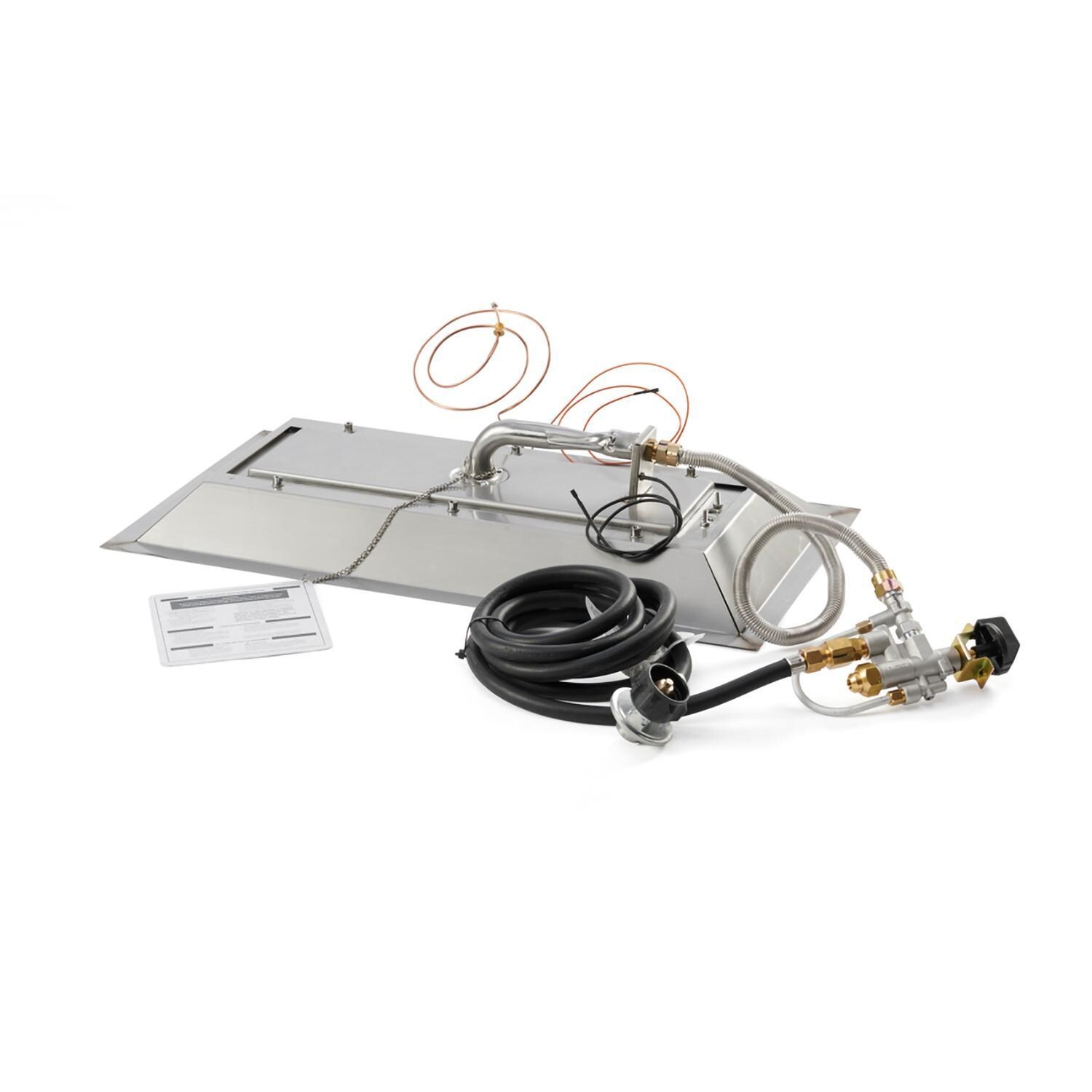 The Outdoor GreatRoom Company CFP1224DSILP-B Crystal Fire Plus 24 Inch Drop-In Rectangle 55,000 BTU Propane Fire Pit Burner Kit w/ Direct Spark Ignition - Stainless Steel - Bottom - White Background thumbnail