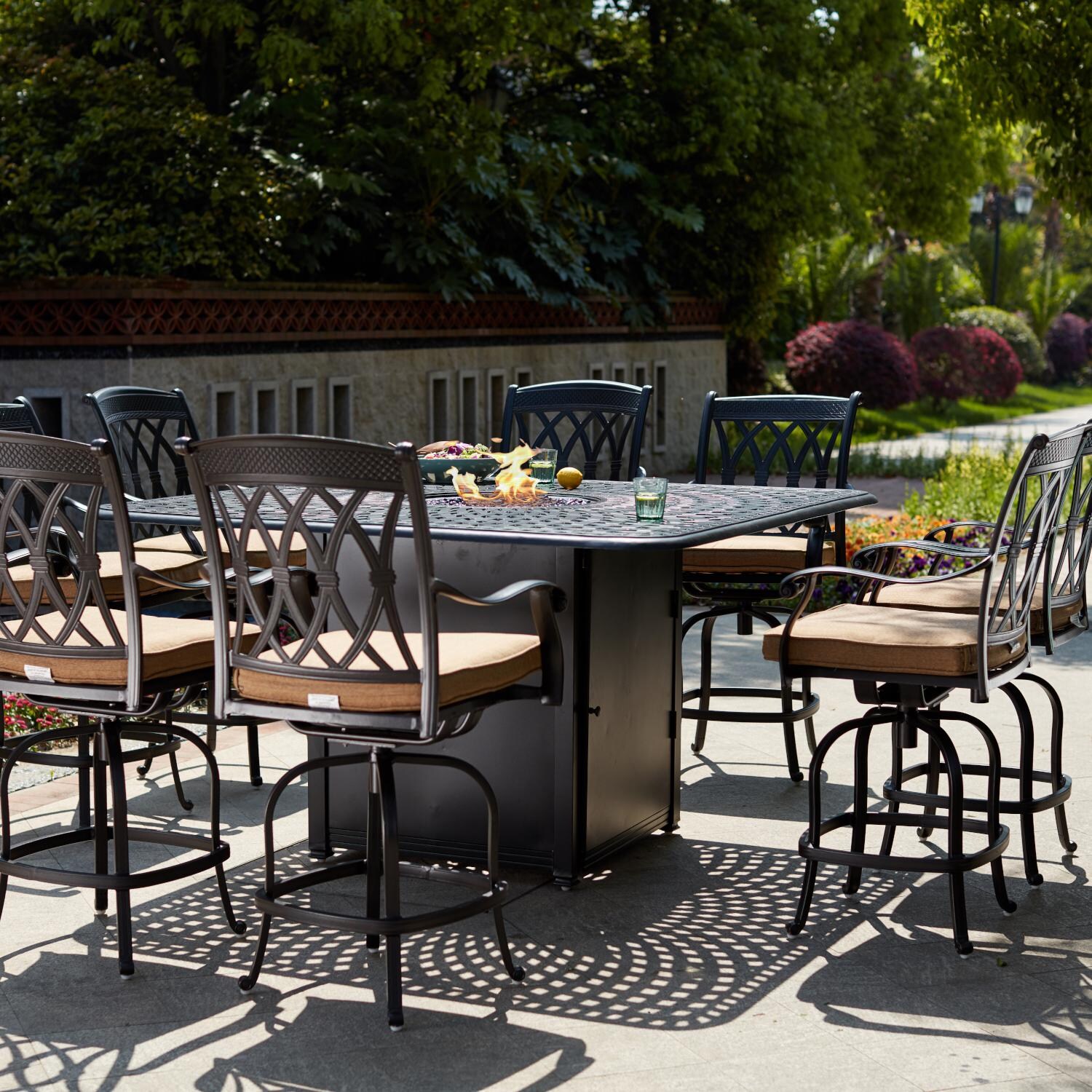 Capri 9 Piece Cast Aluminum Patio Counter Height Fire Pit Bar Set W/ 64 Inch Square Table By Darlee
