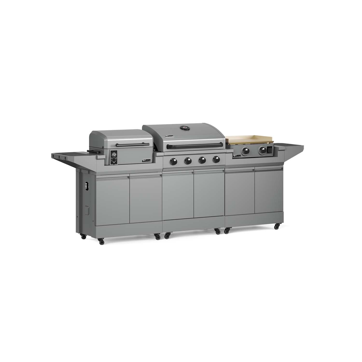 TYTUS TDT-BUN-009 Modular Grilling Collection 32 Inch Propane Gas Grill, Pellet Smoker, and Propane Gas Griddle w/ Cart - Right Angled View - White Background thumbnail