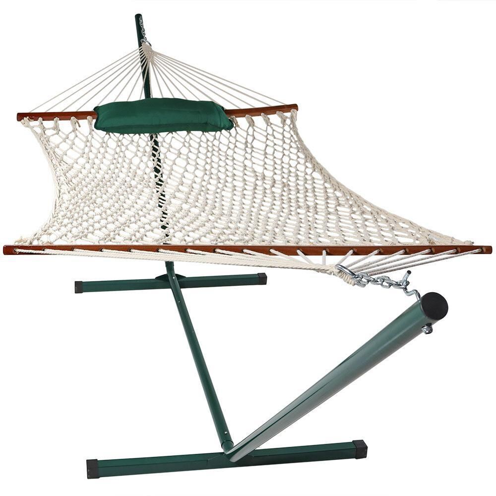 Ultimate Patio Rope Hammock w/ 12-Foot Stand, Pad, & Pillow - Green & White Stripe - No Pad thumbnail