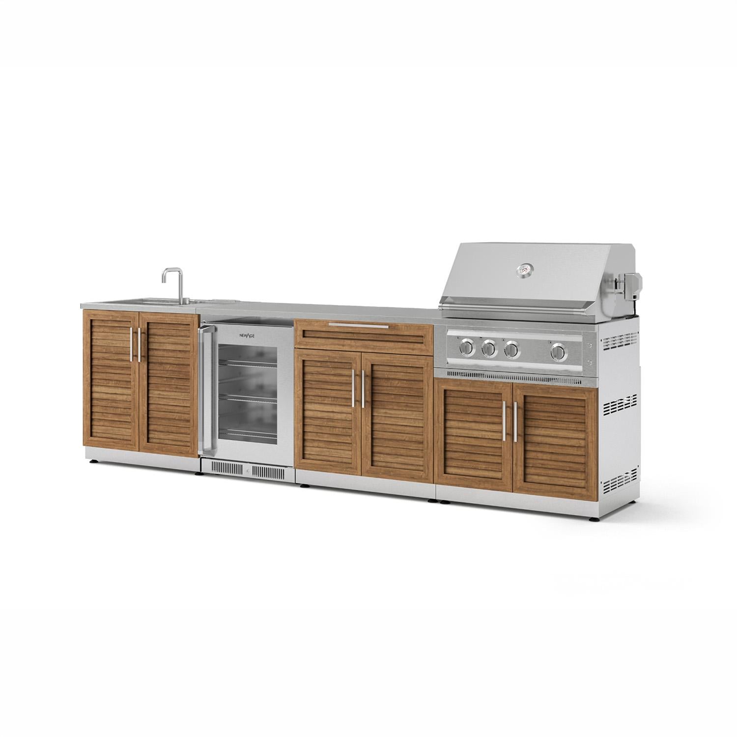 NewAge Products 66391 Classic Series 10 Ft Outdoor Kitchen Island w/ 33-in Propane Grill, Sink, Glass Door Refrigerator, Trash Bin, Door & Drawer in Grove/Stainless Steel - Angled - White Background thumbnail