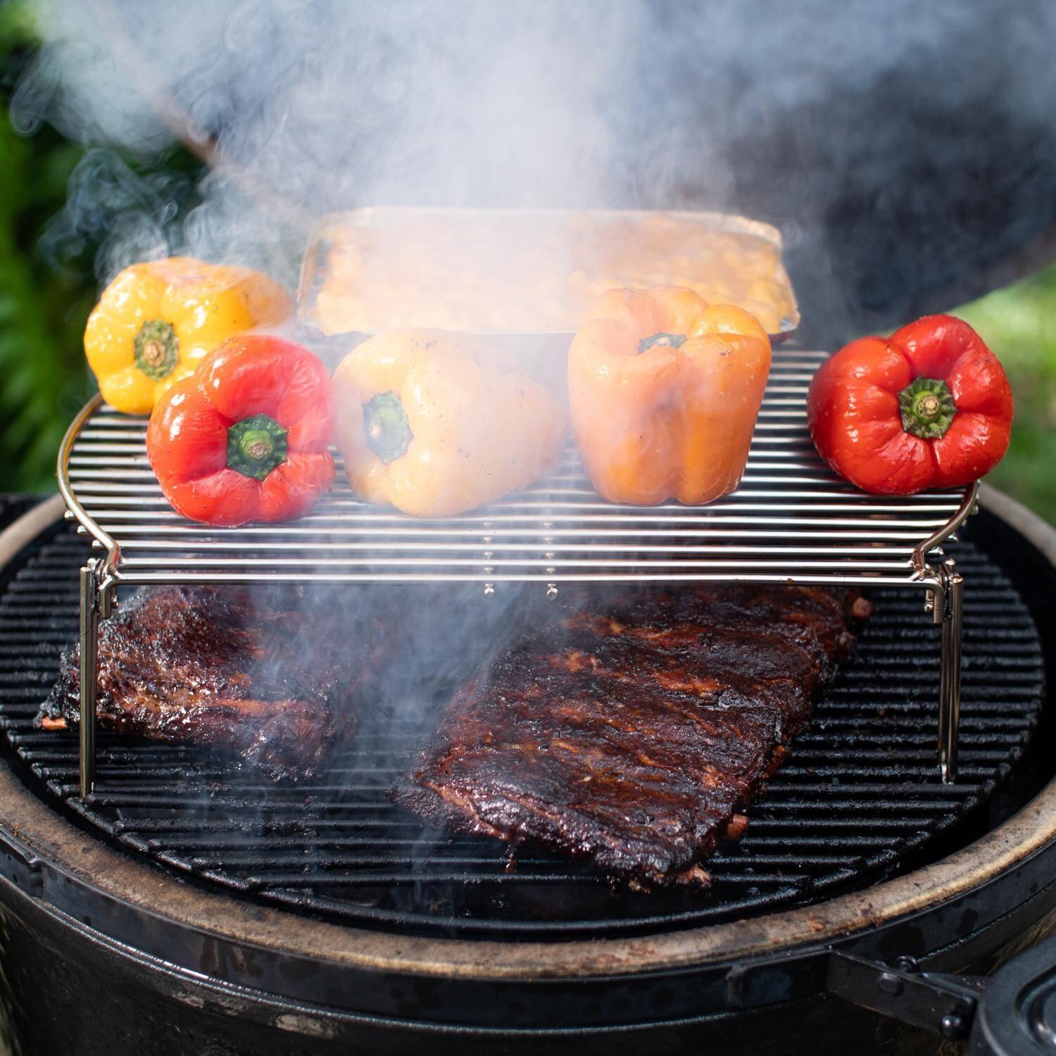 BBQGuys Signature BBQ-KGE-17-SS Stainless Steel Grill Expander Cooking Grate For Kamado Grills - In Use thumbnail