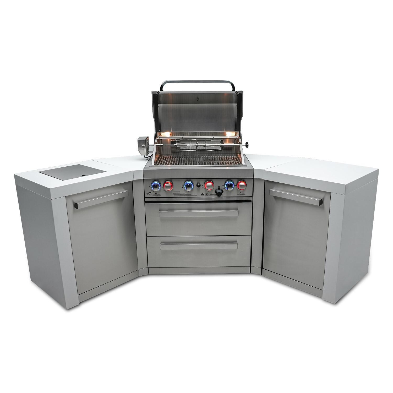 Mont Alpi - MAi400-D45 - Deluxe 45 Degree Propane Gas Island Grill W/ Infrared Side Burner & Rotisserie Kit - Open With Burners On Front - White Background
