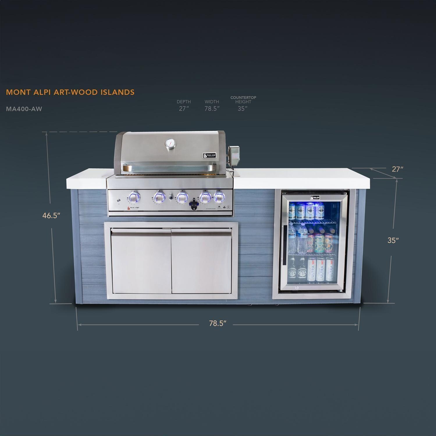 Mont Alpi MA400-AW 4-Burner Stainless Steel Art-Wood Natural Gas Island Grill - Dimensional thumbnail