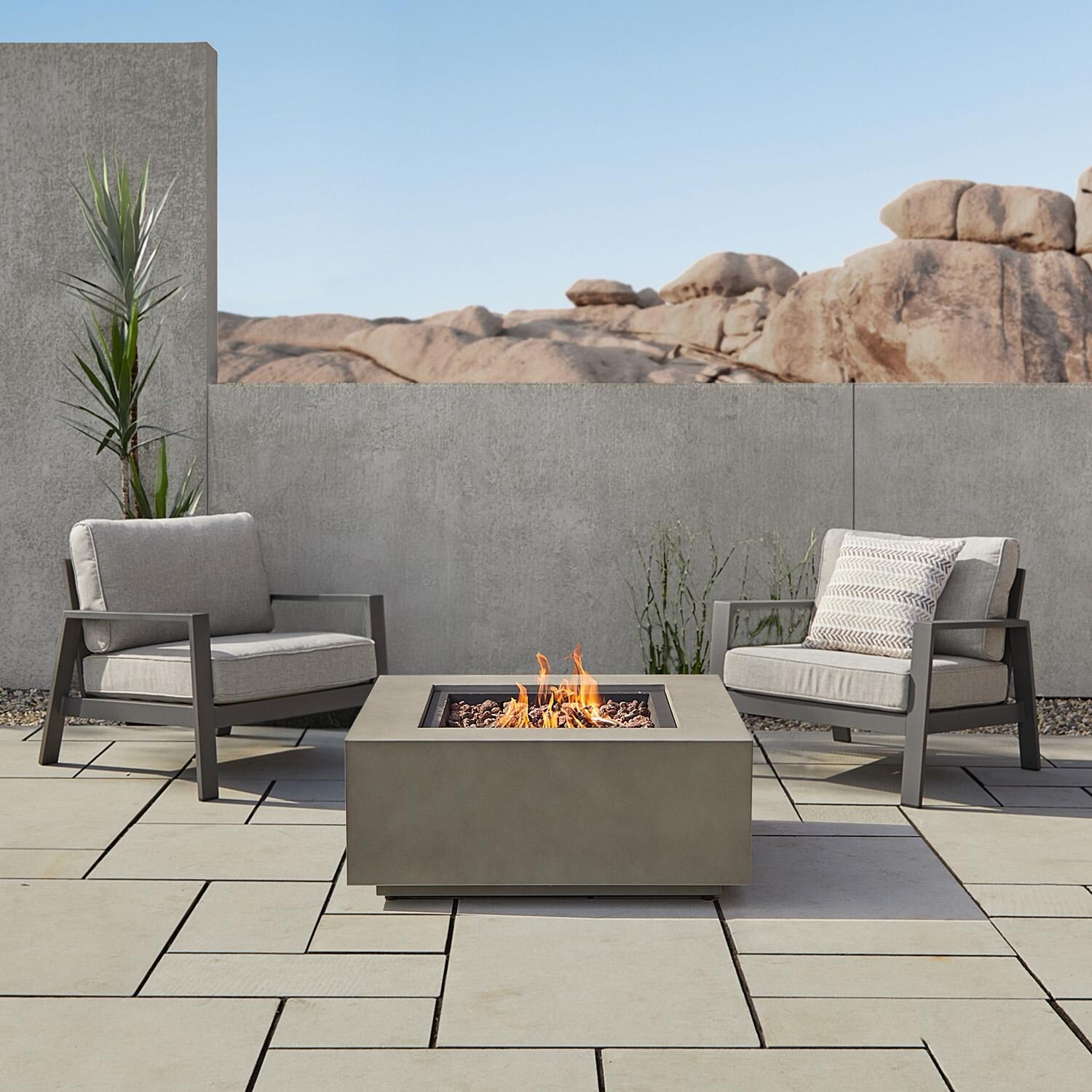 Elysian 3 Pc Powder Coated Steel 36 Inch Square Fire Pit in Mist Gray by Lakeview - On Patio - Lifestyle thumbnail