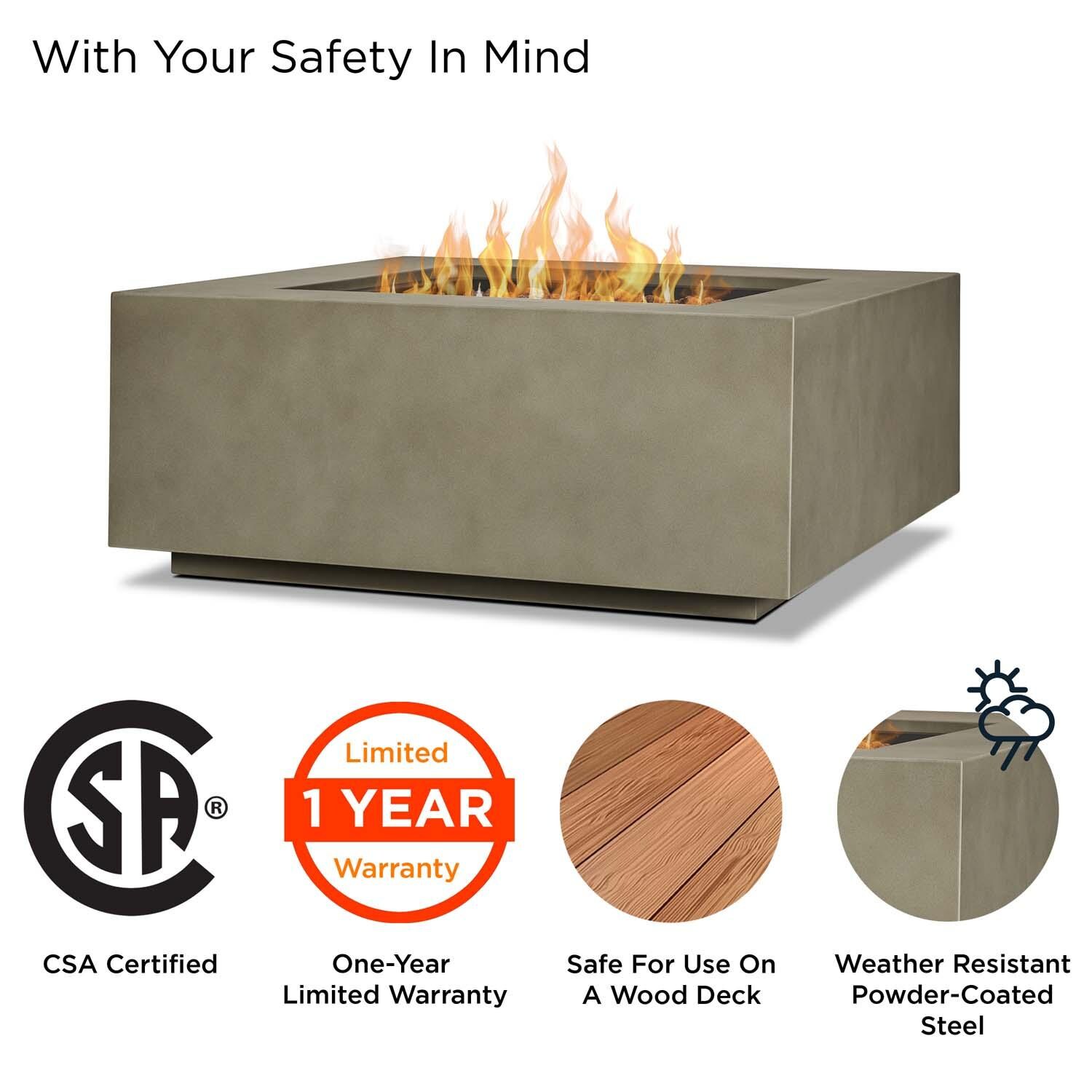 Elysian 36 Inch Square Powder Coated Steel Propane Fire Pit Table in Mist Gray by Lakeview Outdoor Designs - Safety thumbnail