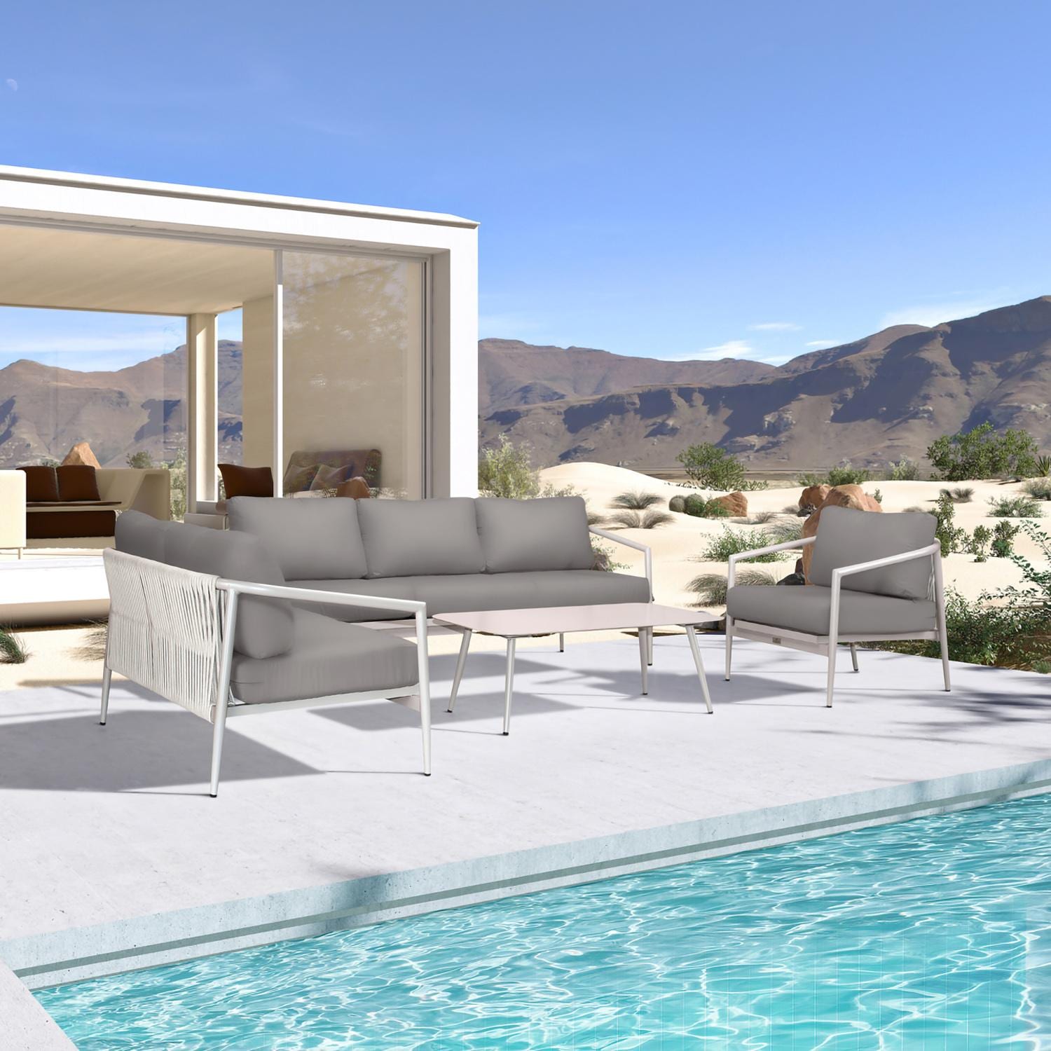 Lakeview Midnight Cove 4 Pc Aluminum Sofa Loveseat Seating Set in Urban Stone/Carrera/Canvas Charcoal - Angled - Lifestyle thumbnail