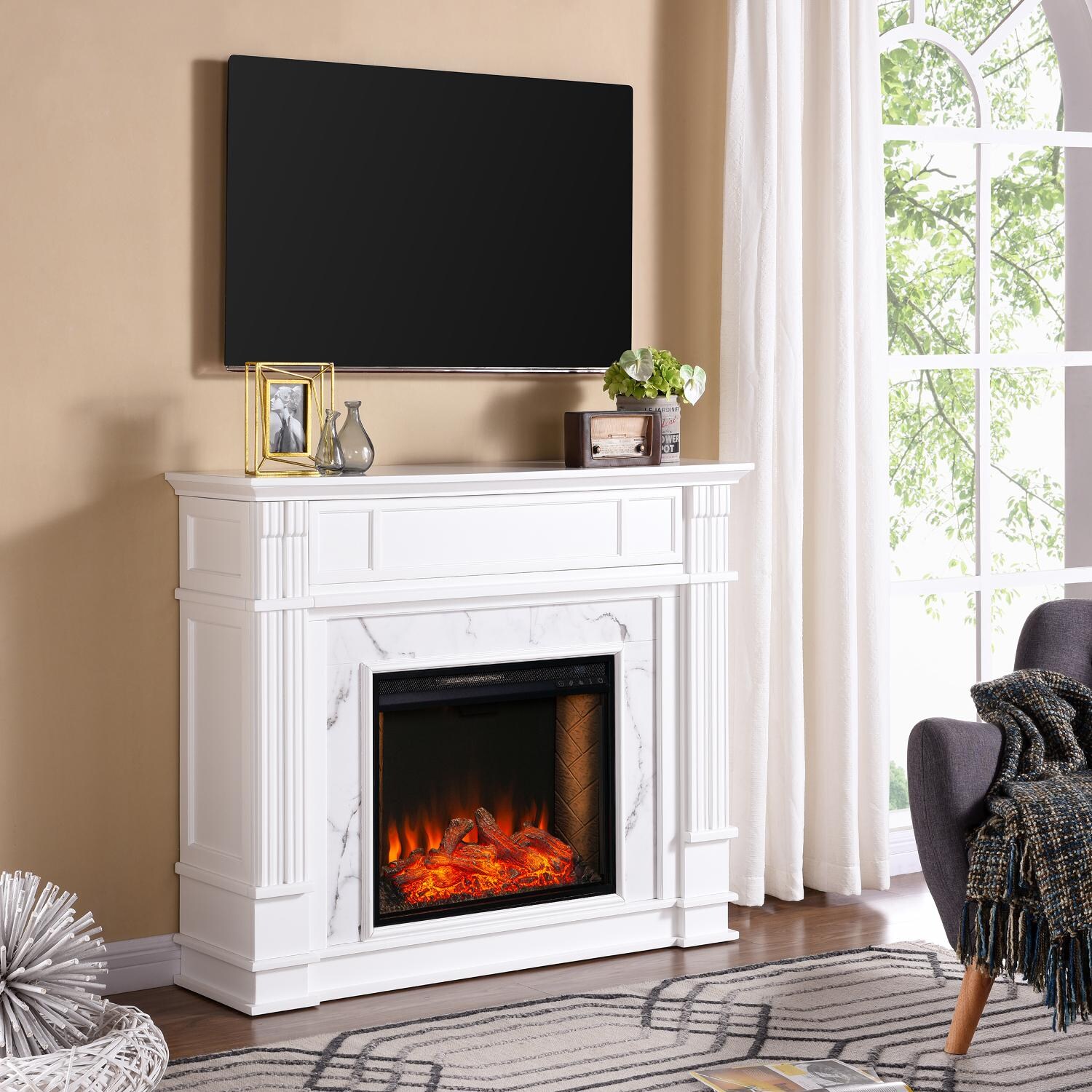 Southern Enterprises FS9322 Highgate 48-Inch Electric Fireplace W/ Alexa-Enabled Smart Firebox - White - In The Home thumbnail