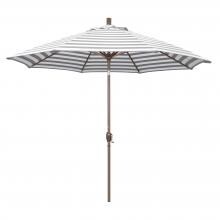 California Umbrella Pacific Trail Series 9 Ft Octagonal Aluminum Push Button Tilt Patio Umbrella W/ Crank Lift - Champagne Frame / Olefin Gray White Cabana Stripe Canopy