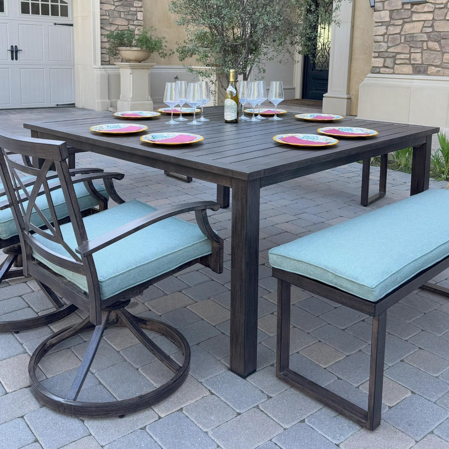 Atlantis 6 Pc Aluminum Dining Set w/ 2 Swivel Rocker Dining Arm Chairs & 3 Two Person Benches in Walnut/Spa by Darlee - Chairs & Bench At Table - Lifestyle thumbnail