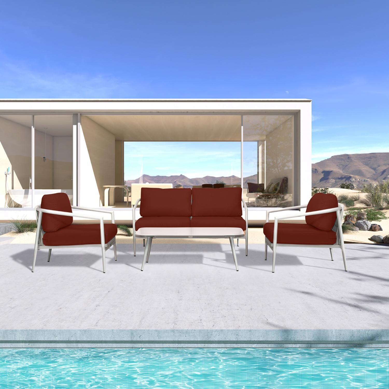 Midnight Cove 4 Pc Aluminum Seating Set w/ Loveseat in Urban Stone/Canvas Henna by Lakeview Outdoor Designs