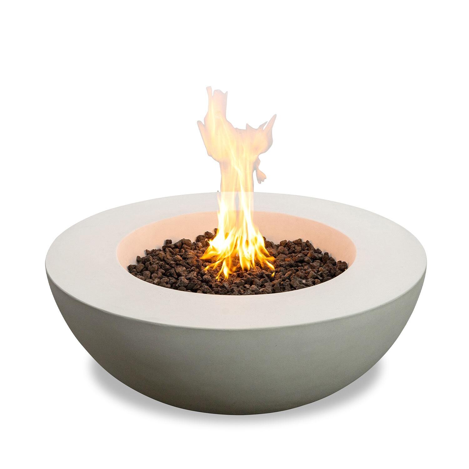 Glenwood 42-in Round Concrete Natural Gas Fire Pit w/ Push Button Ignition in White by Lakeview Outdoor Designs - Glass Wind Guard Removed - White Background thumbnail