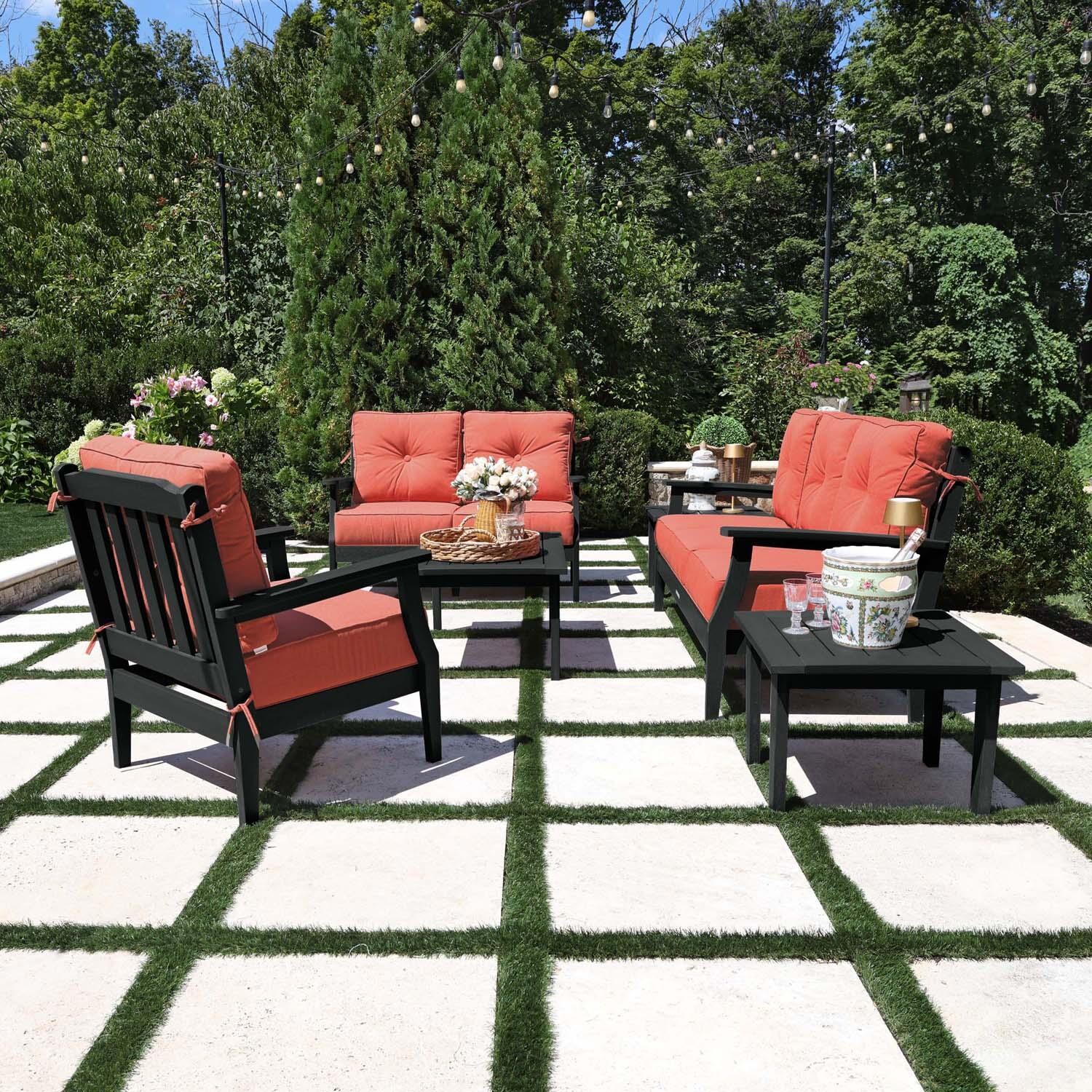 Blushing Bay 6 Pc Recycled Plastic Grand Seating Set in Canvas Persimmon/Black by Lakeview Outdoor Designs - Side View - Lifestyle thumbnail