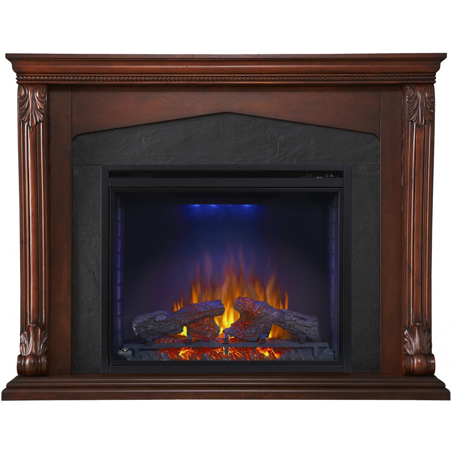 Napoleon Monroe 33-Inch Electric Fireplace - Burnished Walnut - Main View With Blue Night Light thumbnail
