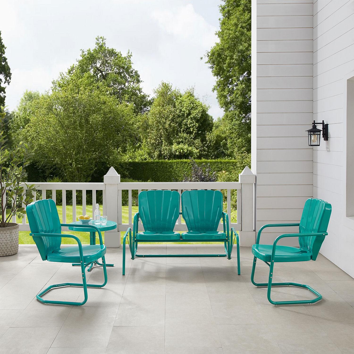 Ultimate Patio UP-32255TU 4Pc Retro Outdoor Loveseat Glider Patio Set in Turquoise - On Porch - Lifestyle thumbnail