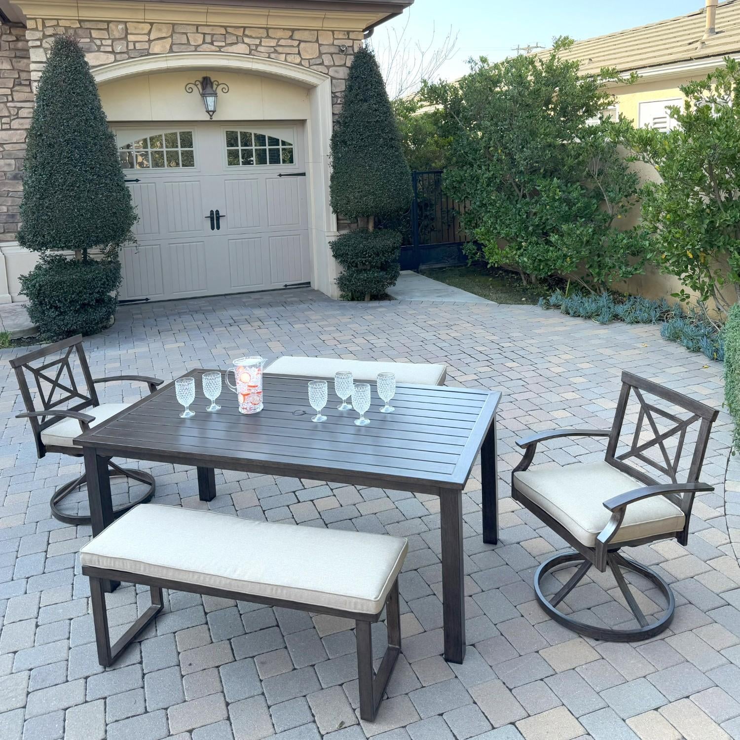 Atlantis 5 Pc Aluminum Dining Set w/ 2 Swivel Rocker Dining Arm Chairs & 2 Two Person Benches in Walnut/Beige by Darlee