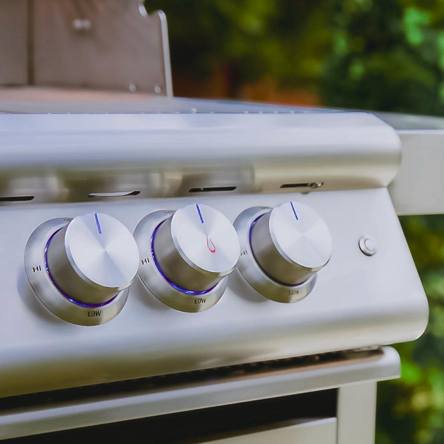 Blaze BLZ-4LTE3MG-LP Marine Grade Freestanding Propane Grill - Knobs in Low Light - Lifestyle thumbnail