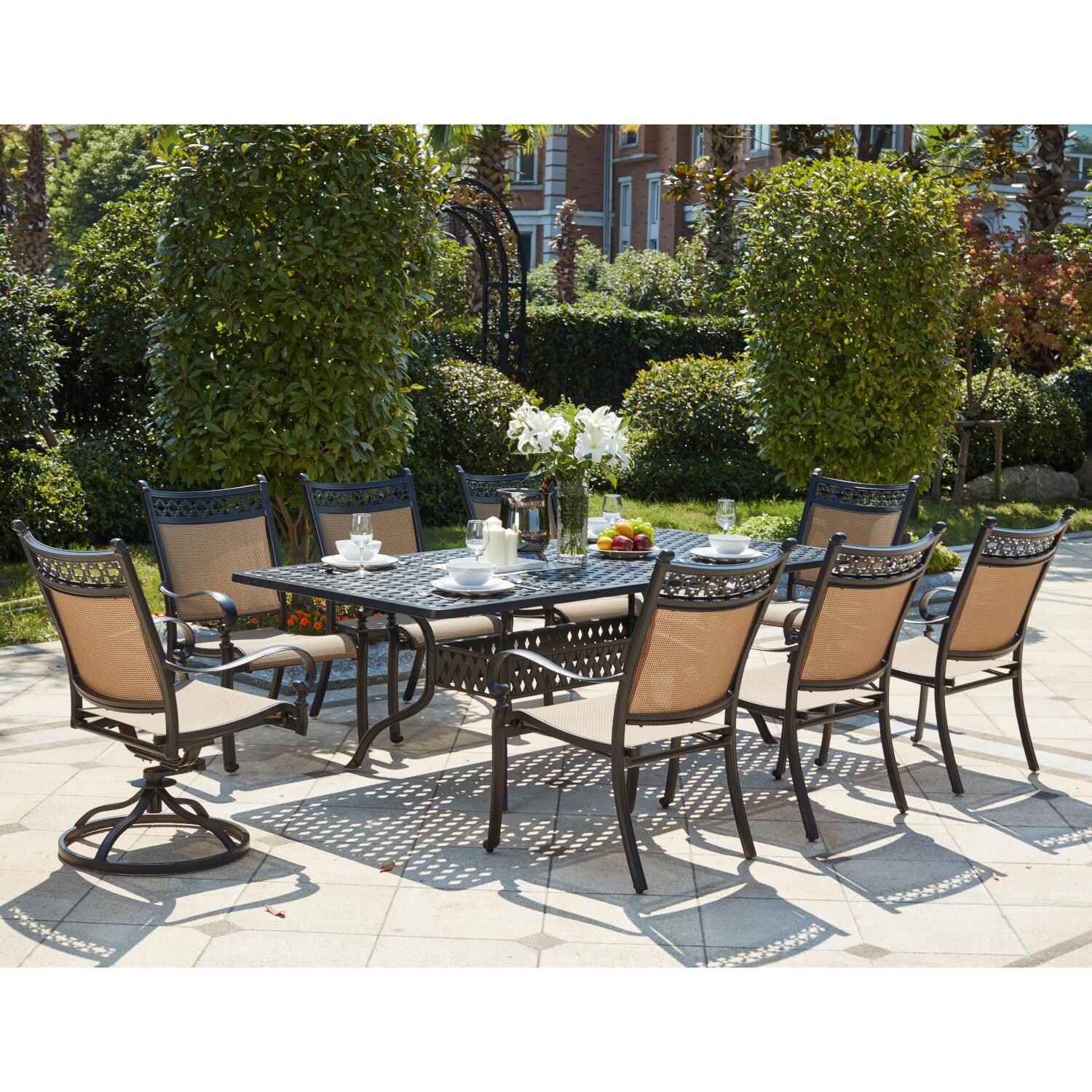 Darlee 201610-9PC-30SL Mountain View 9 Piece Cast Aluminum Sling Patio Dining Set W/ 92 X 42 Inch Rectangular Table - Lifestyle thumbnail