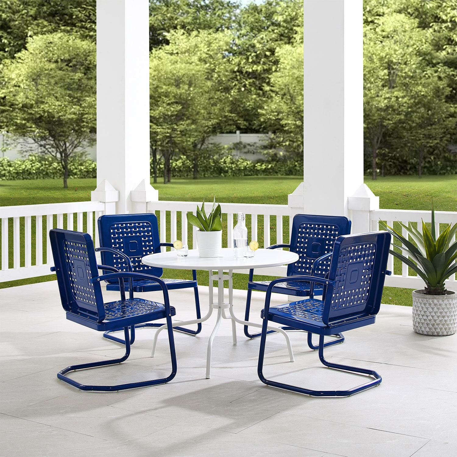 Ultimate Patio UP-32250NV 5Pc Round Retro Outdoor Dining Set in Navy Blue - Chairs Tucked Under Table - Lifestyle thumbnail