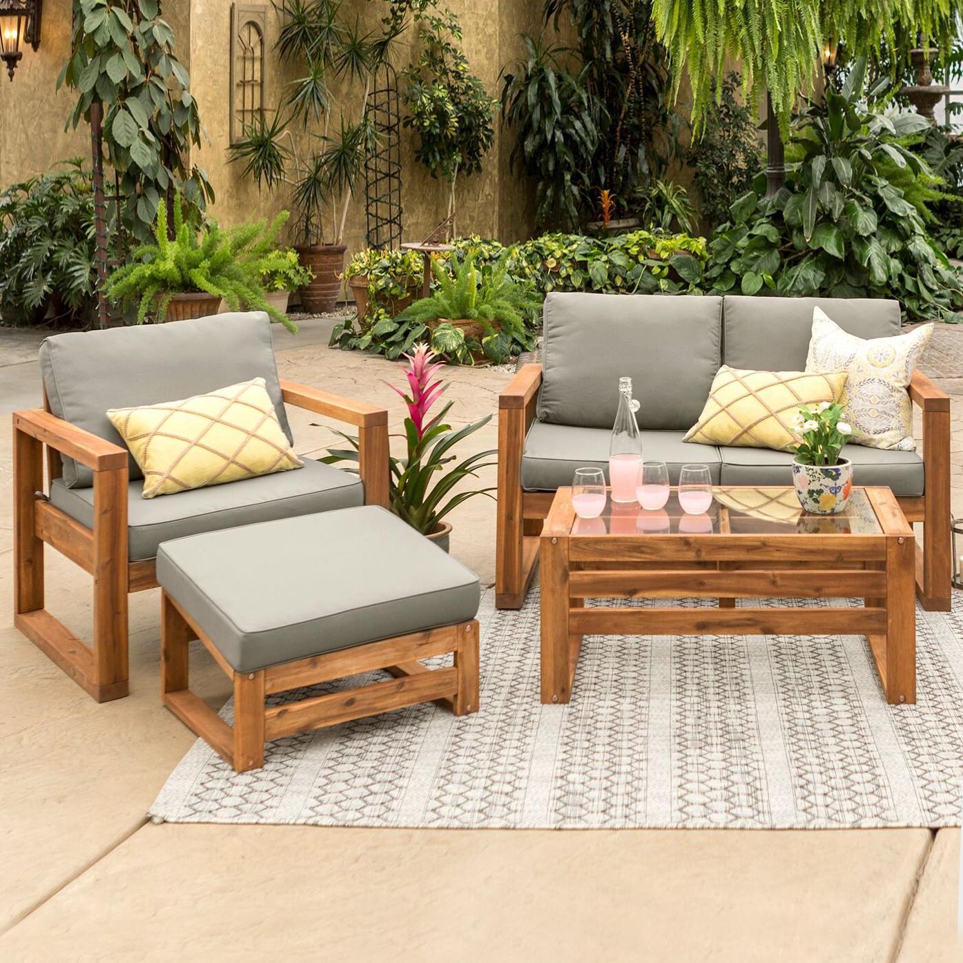 Ultimate Patio Window Bay 4 Piece Acacia Patio Conversation Set W/ Gray Cushions thumbnail