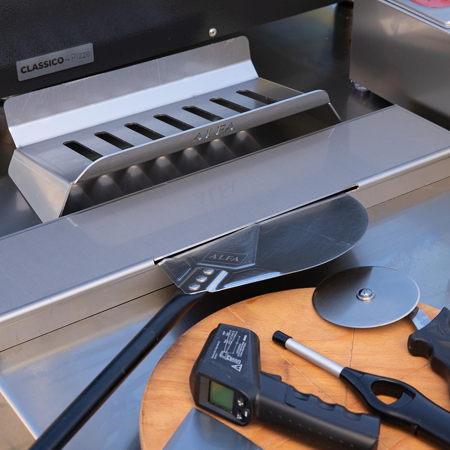 Alfa ACKIT-HYB/H10 Hybrid Kit for Medium Pizza Oven - Shown W/Tools & Turning Peel (Sold Separately) - Lifestyle thumbnail