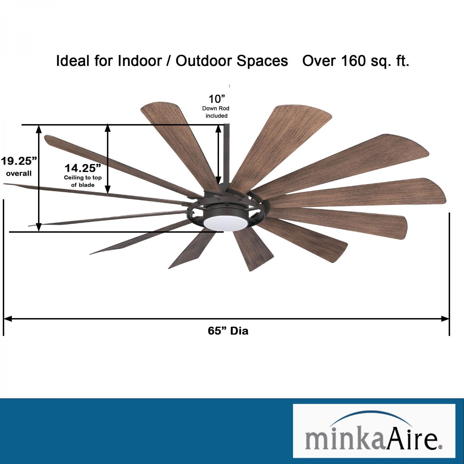 Minka-Aire F870L-ORB Windmolen 65-Inch 12-Blade LED Ceiling Fan in Oil Rubbed Bronze Finish w/ Seasoned Wood Finish Blades & Etched Lens - Dimensions thumbnail