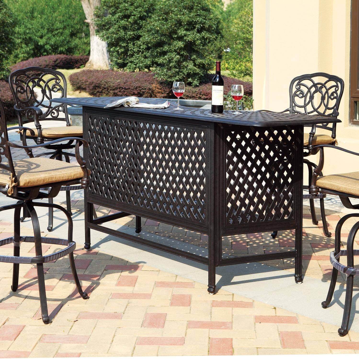 Darlee Florence 5 Piece Cast Aluminum Patio Party Bar Set With Swivel Bar Stools - Mocha