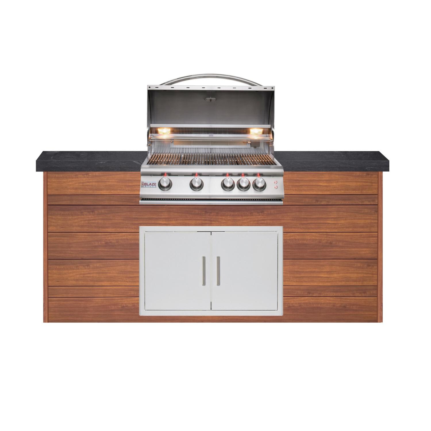 BBQGuys Signature 6ft Luxury Outdoor Island W/ Blaze Premium LTE 32-Inch Propane Grill & Double Access Door - Light National Walnut Aluminum W/ Black Polished Granite
