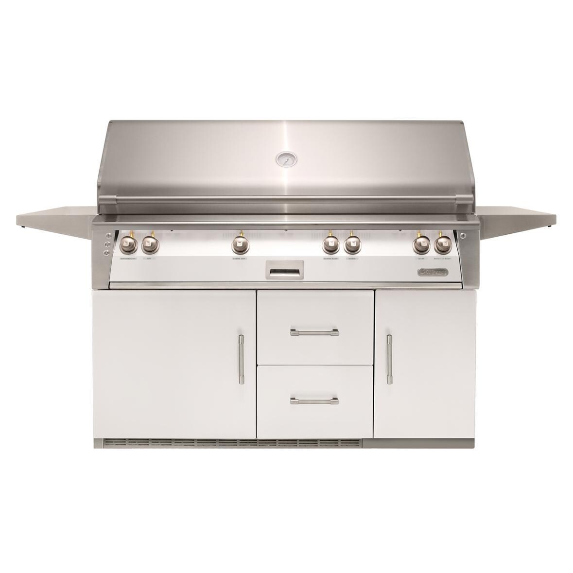 Alfresco ALXE-56BFGR-LP-S9003 ALXE 56-Inch Freestanding Propane All Grill On Refrigerated Cart With Sear Zone And Rotisserie in Signal White Gloss - White Background thumbnail
