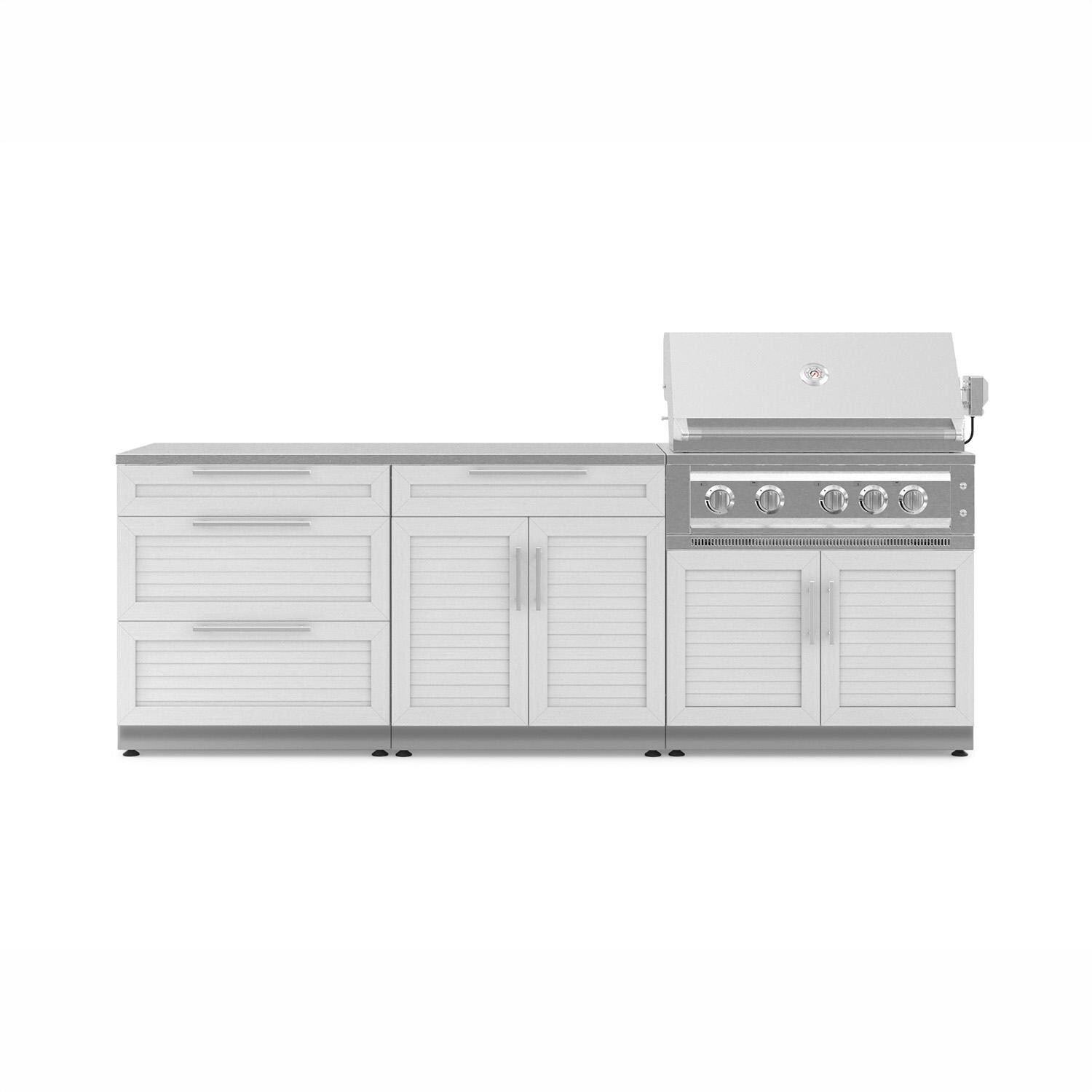 NewAge Products 67459 Classic Series 8 1/2 Ft Outdoor Kitchen Island w/ 36-in Natural Gas Grill, Trash Bin, Door & Drawer in White/Stainless Steel - Island - White Background thumbnail