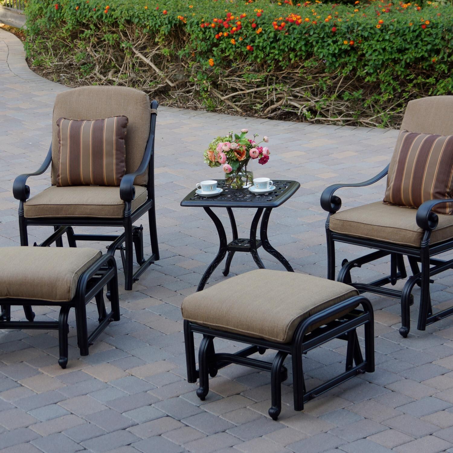 Darlee Santa Monica 5 Piece Cast Aluminum Patio Conversation Glider Set W/ 21 Inch Square End Table & Sesame Cushions image