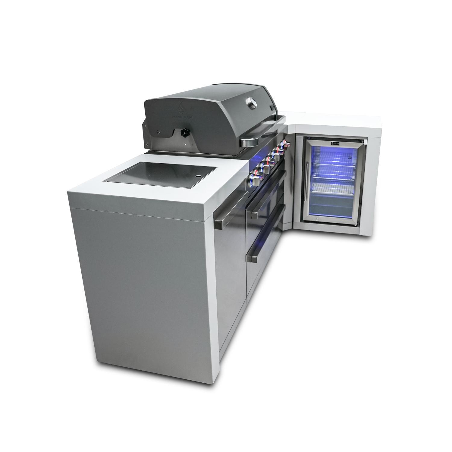 Mont Alpi MAi805-D90FC Deluxe 90 Degree Natural Gas Island Grill W/ Refrigerator Cabinet - Side View - Grill Closed - White Background thumbnail