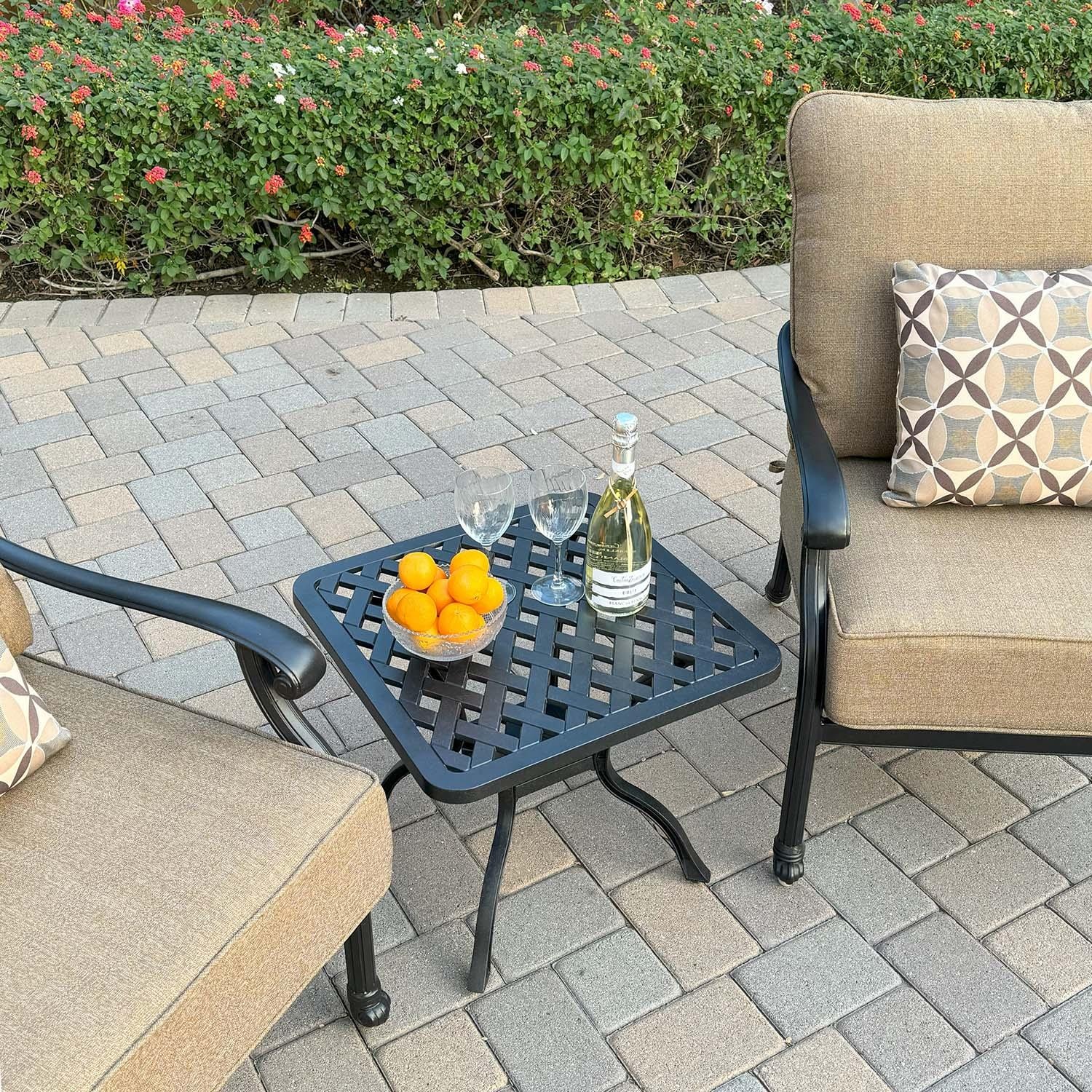 Madison 3 Pc Cast Aluminum Seating Set in Antique Bronze/Sesame by Darlee - End Table - Lifestyle thumbnail