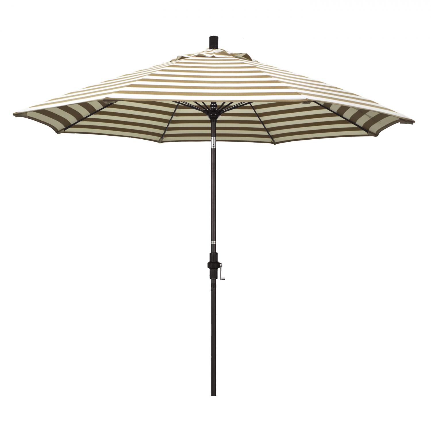 California Umbrella Sun Master Series 9 Ft Octagonal Aluminum Collar Tilt Patio Umbrella W/ Crank Lift & Fiberglass Ribs - Bronze Frame / Olefin Beige White Cabana Stripe Canopy image
