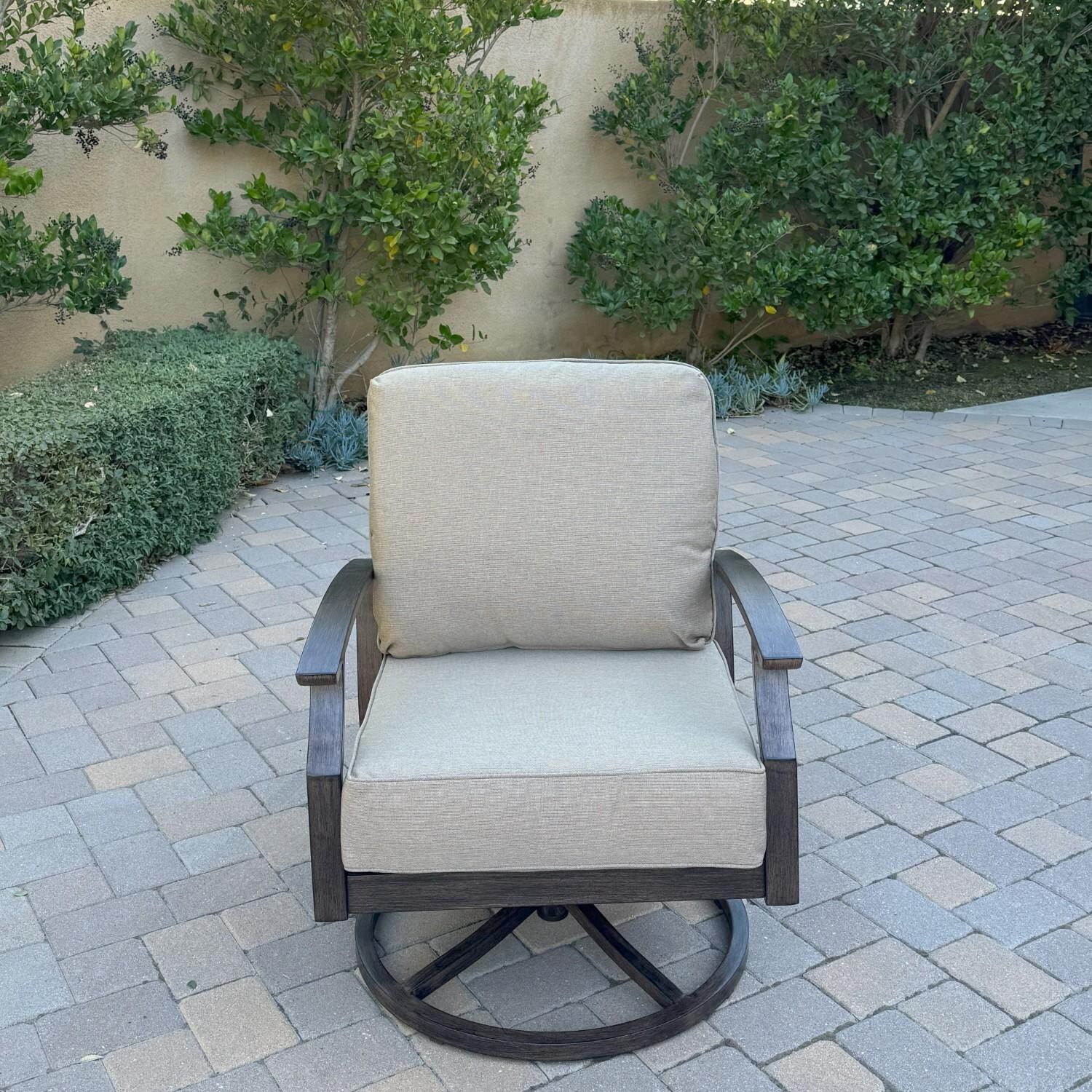 Atlantis 3 Pc Aluminum Seating Set w/ 2 Swivel Rocker Club Chairs in Walnut/Beige by Darlee - Chair - Lifestyle thumbnail