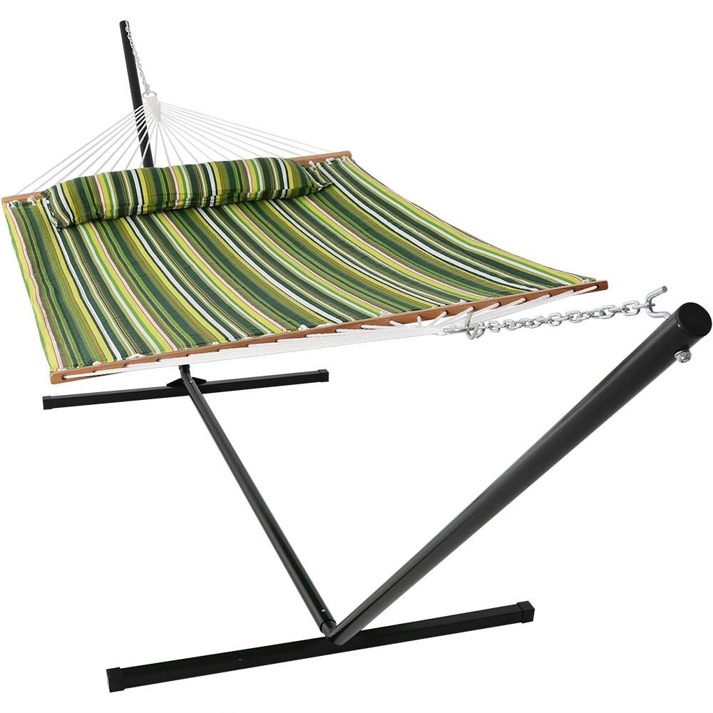 Sunnydaze Decor Quilted Double Hammock & Pillow w/ 15-Foot Black Stand - Melon Stripe - LY-QFH-MS-COMBO15 image