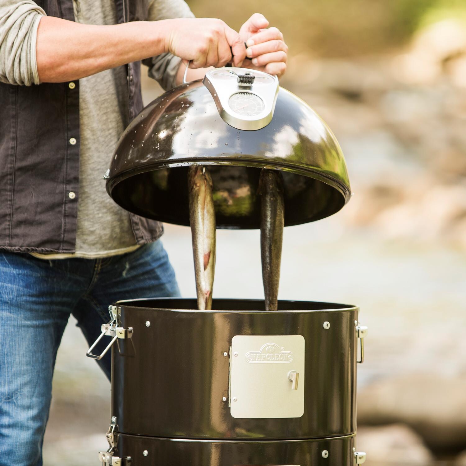 Napoleon Apollo AS200K-2 3-In-1 16-Inch Charcoal Smoker And Grill - Hanging Fresh Fish thumbnail