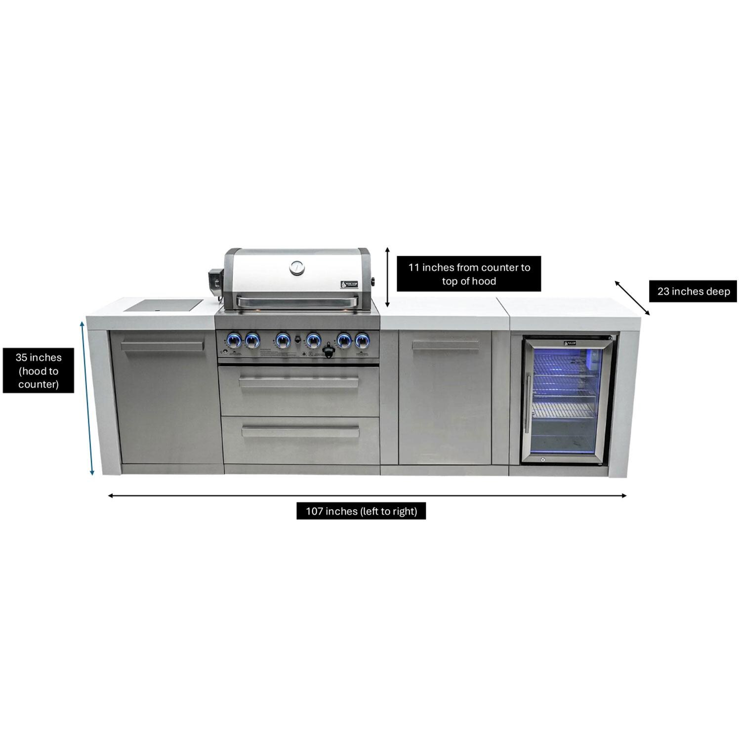 Mont Alpi Deluxe Series 9 Ft Natural Gas Outdoor Kitchen Island w/ Side Burner & Refrigerator - Dimensional thumbnail