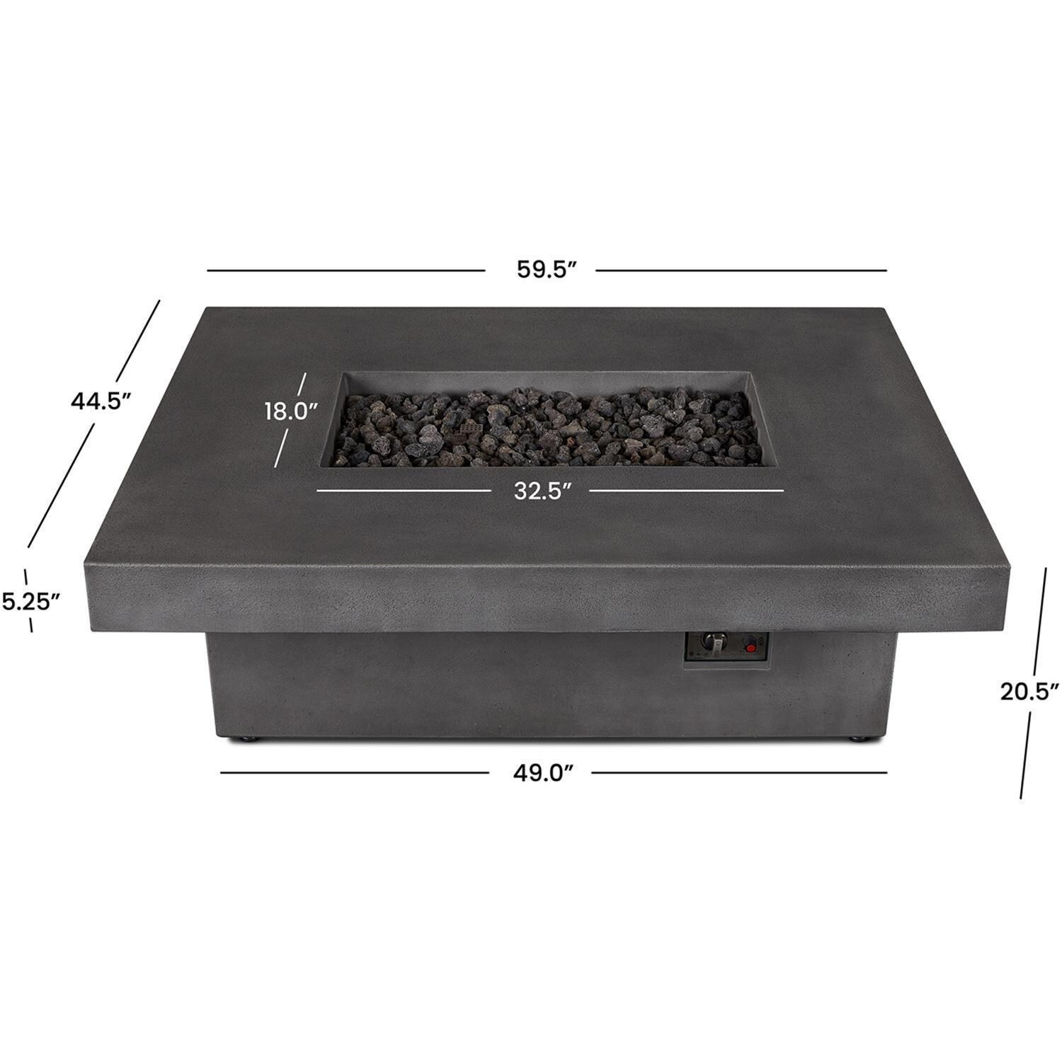 Hickory Bay 3708LP-SMK 60 Inch Rectangular GFRC Propane Fire Pit Table in Smoke by BBQGuys Signature - Dimensions - Diagram