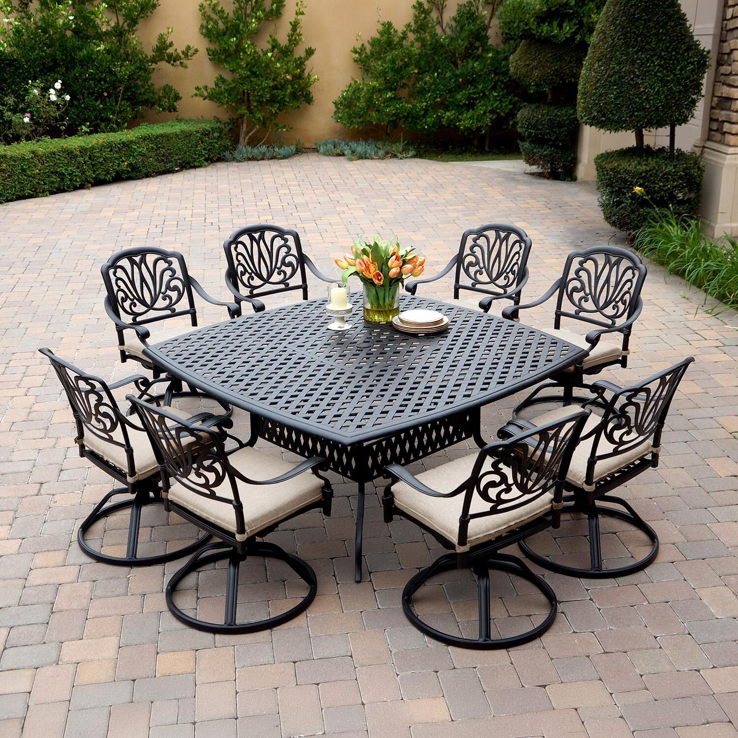 Darlee Elisabeth 9-Pc Dining Set w/ 64-Inch Series 30 Table & Swivel Rockers in Antique Bronze/Beige - Full Set - Lifestyle thumbnail