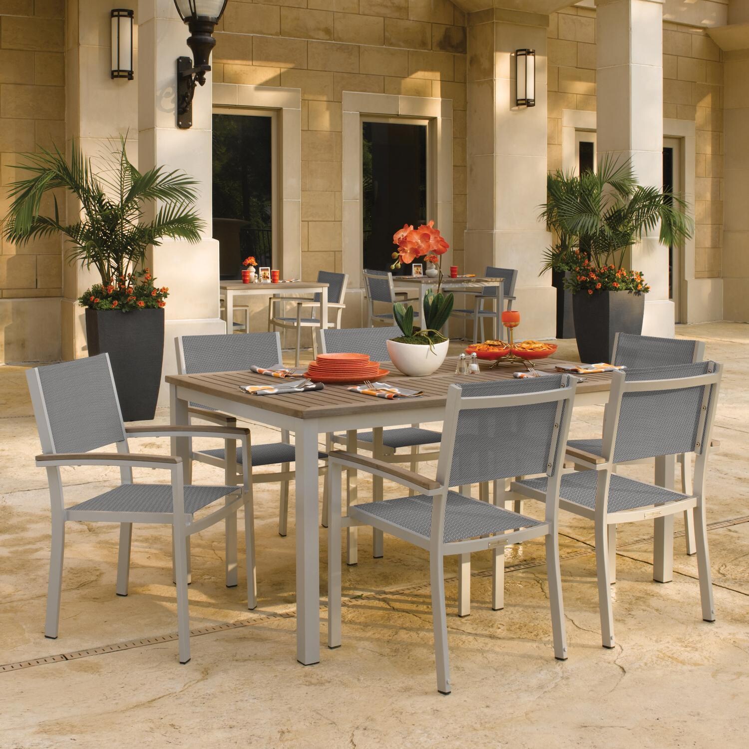 Oxford Garden Travira 7 Piece Flint Aluminum Patio Dining Set W/ Titanium Sling Armchairs & 63-Inch Rectangular Vintage Tekwood Table