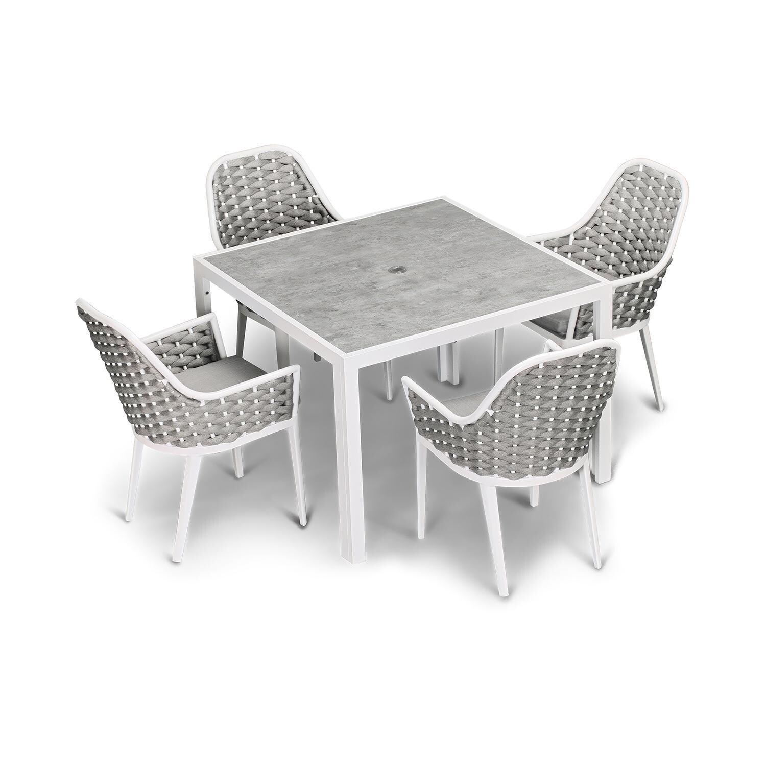 Chloe Bay 5 Pc Aluminum Square Dining Set in White by Lakeview - Top Angle View - White Background thumbnail